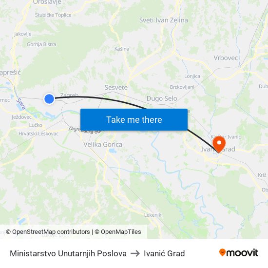 Ministarstvo Unutarnjih Poslova to Ivanić Grad map