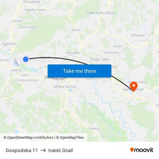 Gospodska 11 to Ivanić Grad map