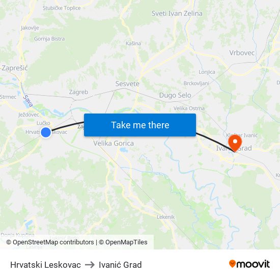 Hrvatski Leskovac to Ivanić Grad map