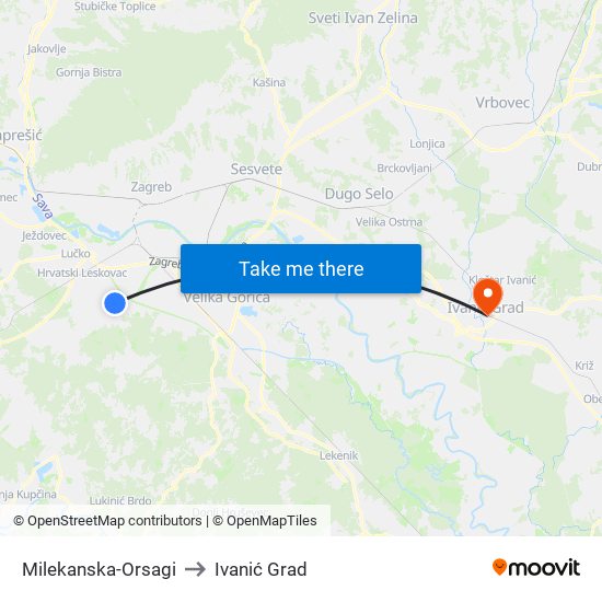 Milekanska-Orsagi to Ivanić Grad map
