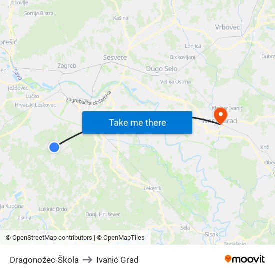 Dragonožec-Škola to Ivanić Grad map