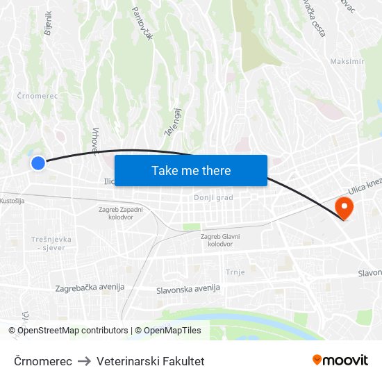Črnomerec to Veterinarski Fakultet map