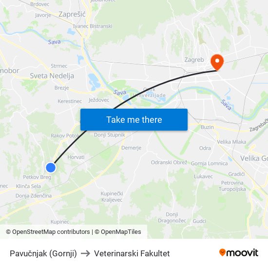 Pavučnjak (Gornji) to Veterinarski Fakultet map