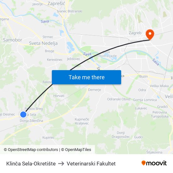 Klinča Sela-Okretište to Veterinarski Fakultet map