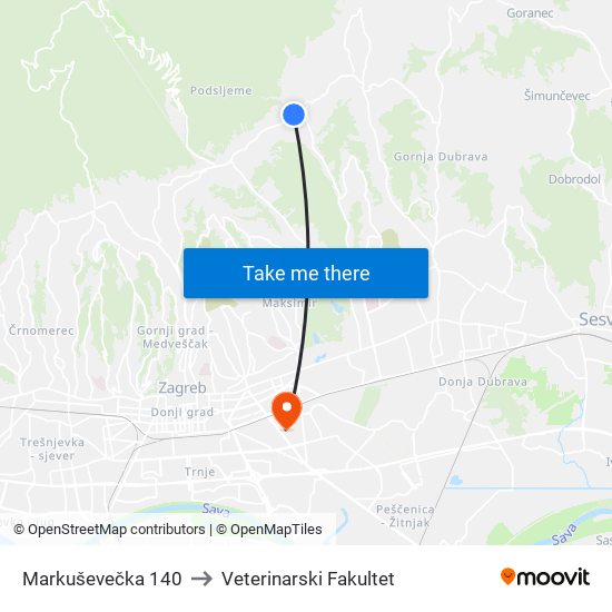 Markuševečka 140 to Veterinarski Fakultet map