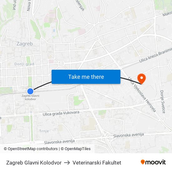 Zagreb Glavni Kolodvor to Veterinarski Fakultet map