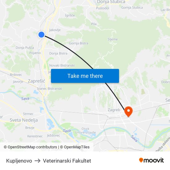 Kupljenovo to Veterinarski Fakultet map