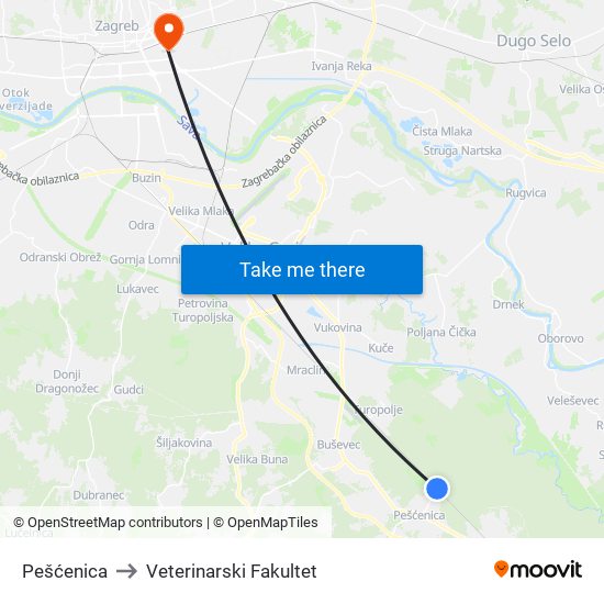 Pešćenica to Veterinarski Fakultet map