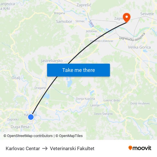 Karlovac Centar to Veterinarski Fakultet map