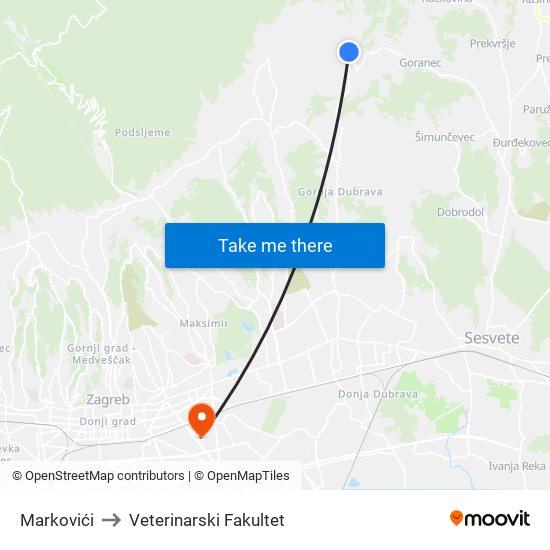 Markovići to Veterinarski Fakultet map