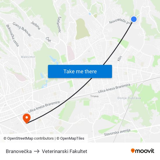 Branovečka to Veterinarski Fakultet map