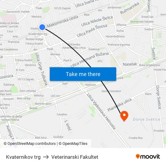 Kvaternikov trg to Veterinarski Fakultet map