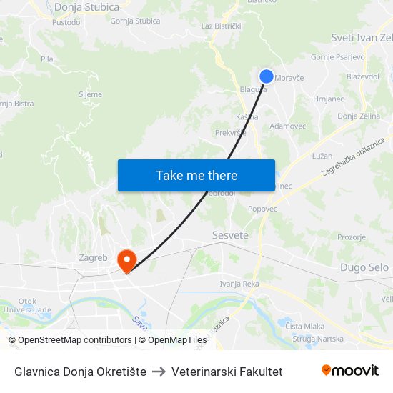 Glavnica Donja Okretište to Veterinarski Fakultet map