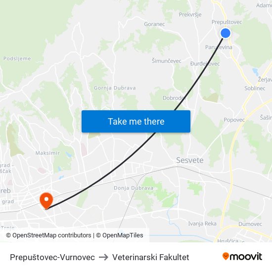 Prepuštovec-Vurnovec to Veterinarski Fakultet map