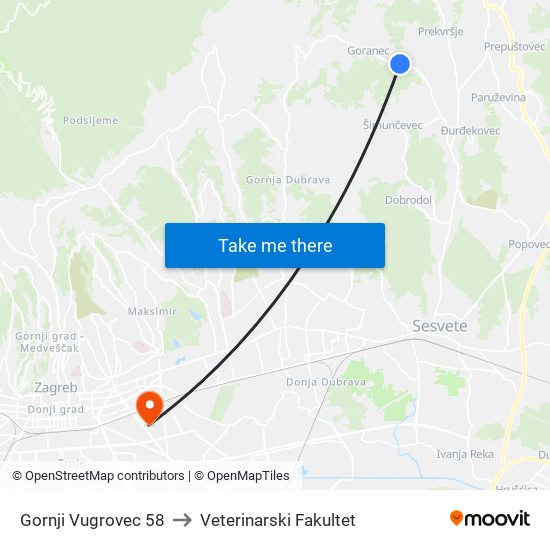 Gornji Vugrovec 58 to Veterinarski Fakultet map