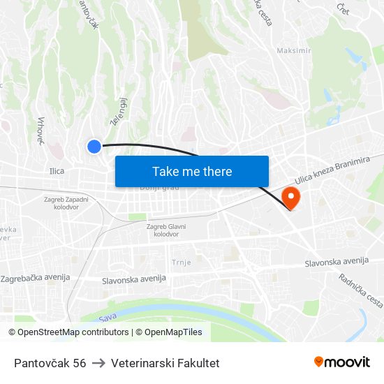 Pantovčak 56 to Veterinarski Fakultet map