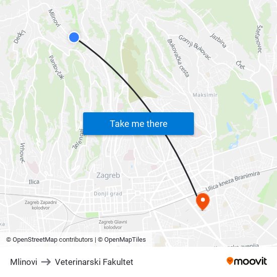Mlinovi to Veterinarski Fakultet map