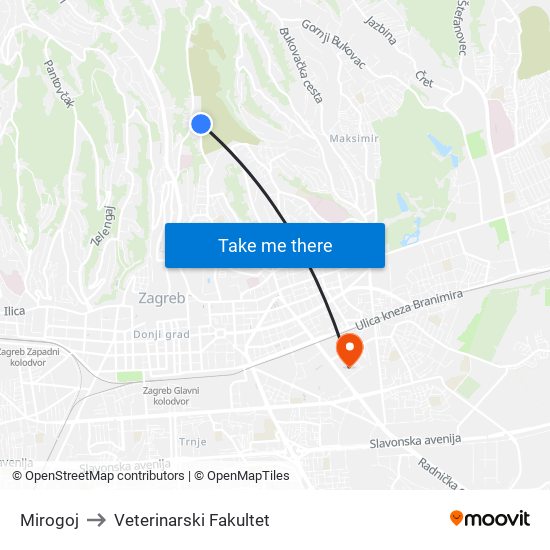 Mirogoj to Veterinarski Fakultet map