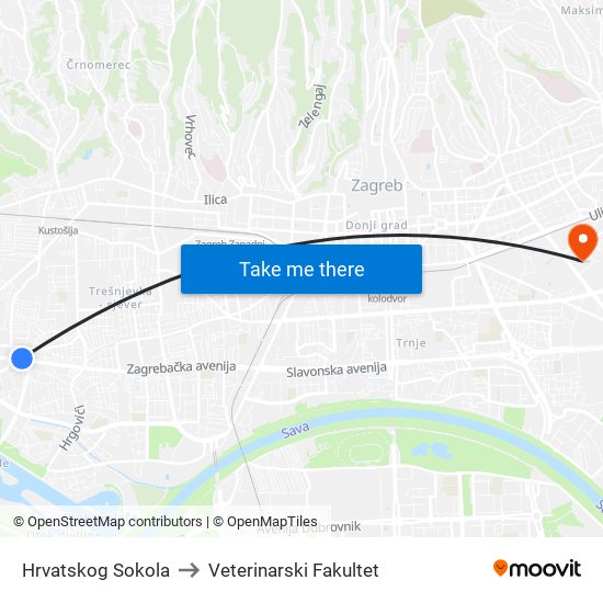 Hrvatskog Sokola to Veterinarski Fakultet map