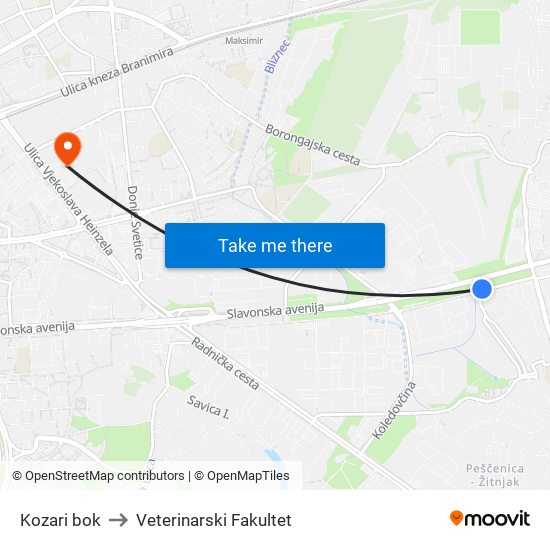 Kozari bok to Veterinarski Fakultet map