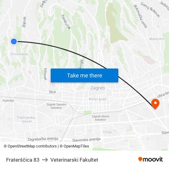 Fraterščica 83 to Veterinarski Fakultet map