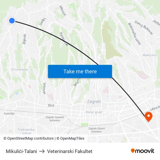 Mikulići-Talani to Veterinarski Fakultet map