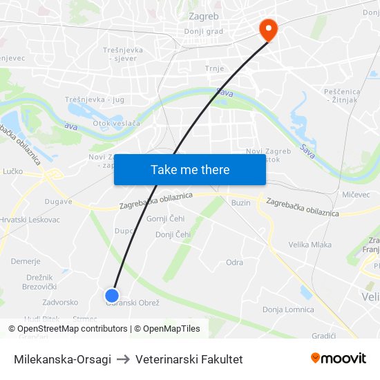 Milekanska-Orsagi to Veterinarski Fakultet map