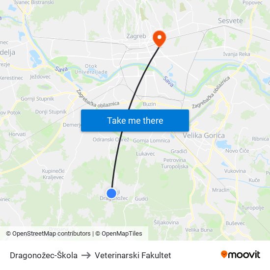 Dragonožec-Škola to Veterinarski Fakultet map