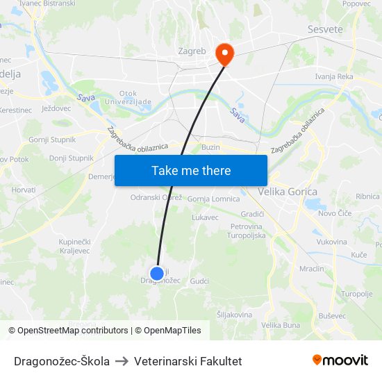 Dragonožec-Škola to Veterinarski Fakultet map