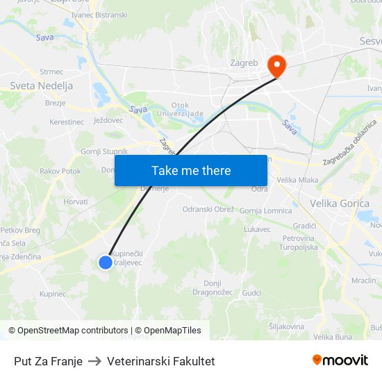 Put Za Franje to Veterinarski Fakultet map