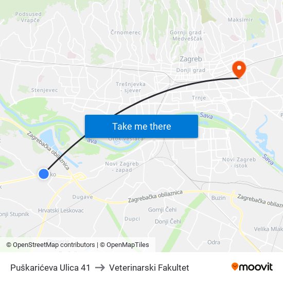 Puškarićeva Ulica 41 to Veterinarski Fakultet map