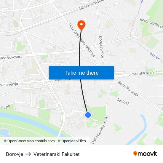 Borovje to Veterinarski Fakultet map