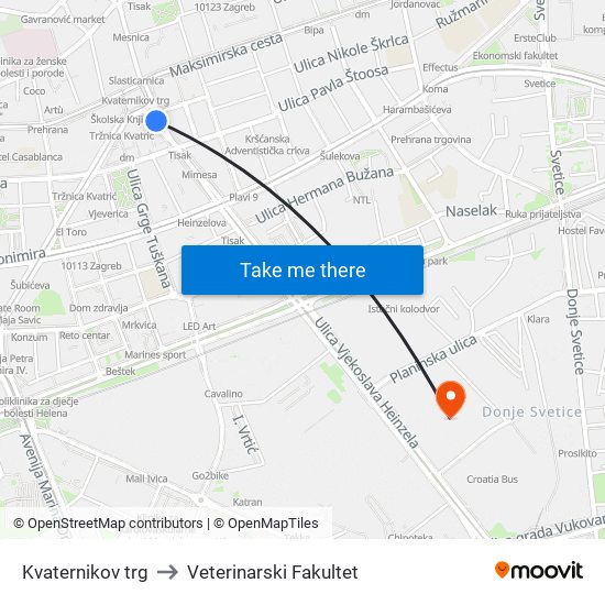 Kvaternikov trg to Veterinarski Fakultet map