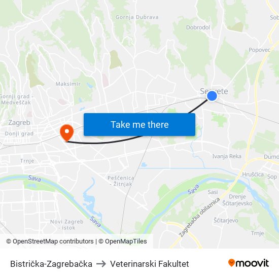 Bistrička-Zagrebačka to Veterinarski Fakultet map