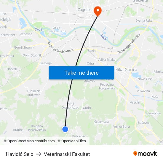 Havidić Selo to Veterinarski Fakultet map
