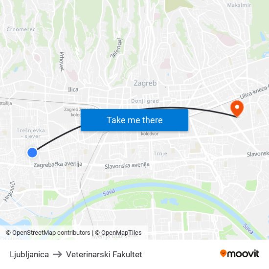 Ljubljanica to Veterinarski Fakultet map