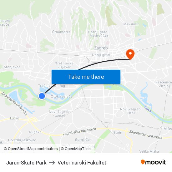 Jarun-Skate Park to Veterinarski Fakultet map