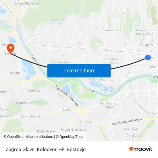 Zagreb Glavni Kolodvor to Bestovje map