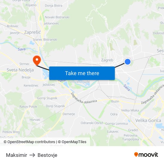 Maksimir to Bestovje map