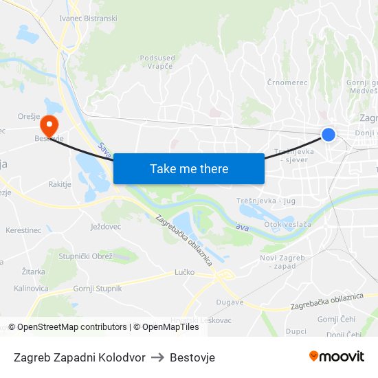 Zagreb Zapadni Kolodvor to Bestovje map