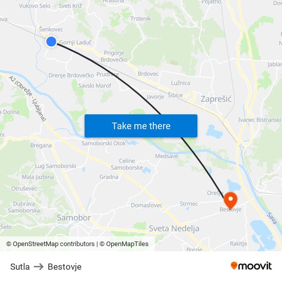 Sutla to Bestovje map