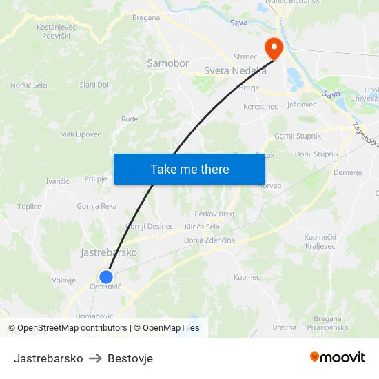 Jastrebarsko to Bestovje map