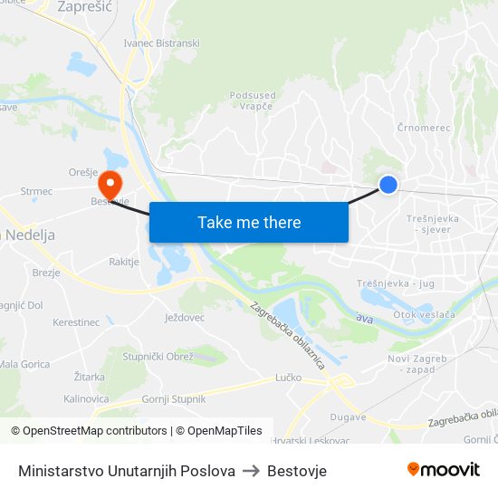 Ministarstvo Unutarnjih Poslova to Bestovje map