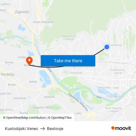 Kustošijski Venec to Bestovje map