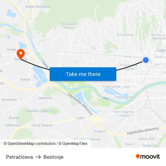 Petračićeva to Bestovje map