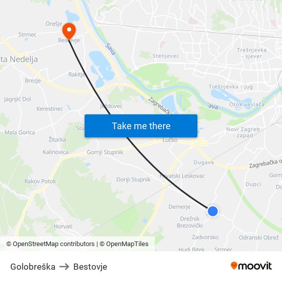 Golobreška to Bestovje map