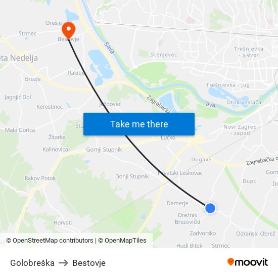 Golobreška to Bestovje map