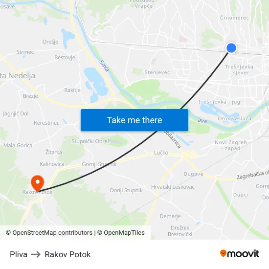 Pliva to Rakov Potok map