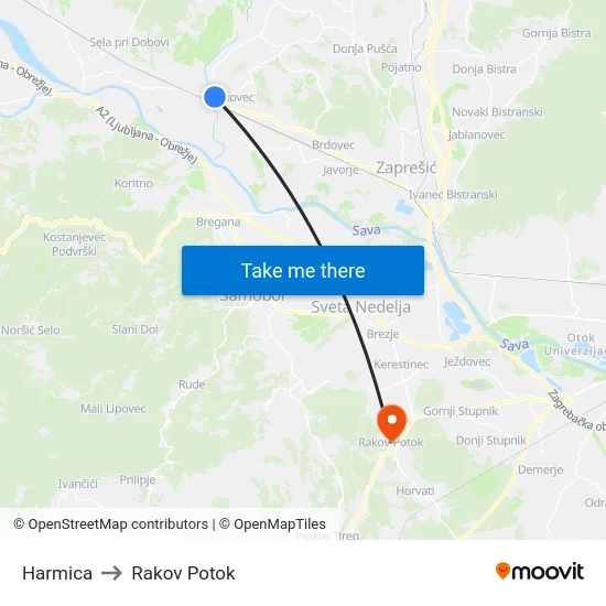 Harmica to Rakov Potok map