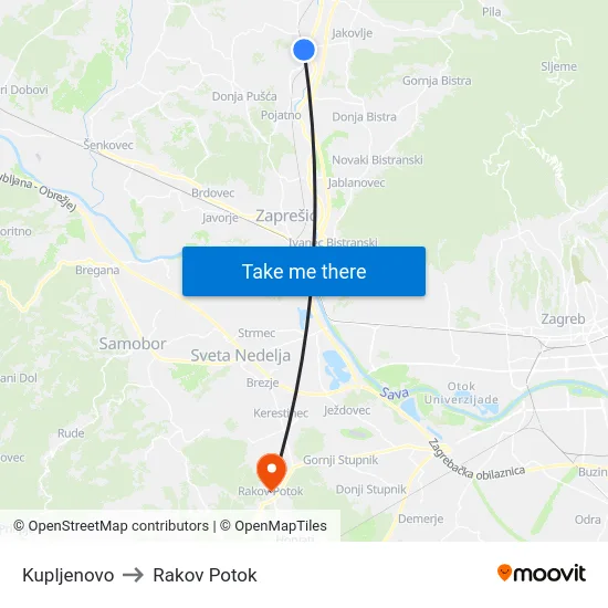 Kupljenovo to Rakov Potok map